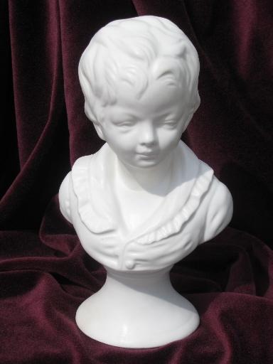 vintage matte white pottery busts, young boy and girl french bisque style