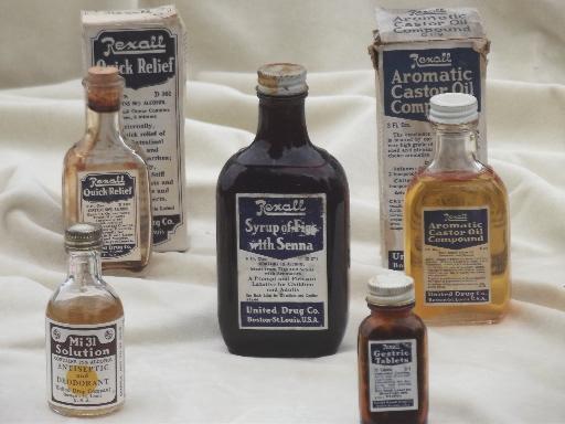 vintage medicine bottles lot, old United Drugs / Rexall pharmacy labels