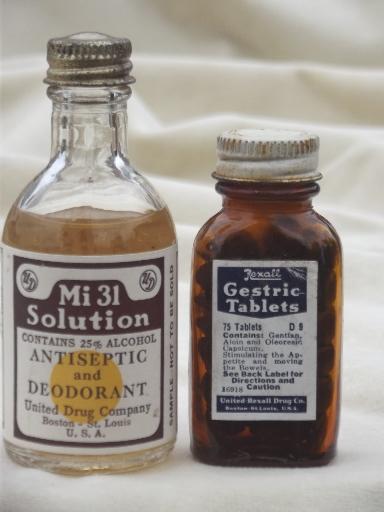 vintage medicine bottles lot, old United Drugs / Rexall pharmacy labels