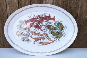 vintage melamine tray w/ lobsters oysters shellfish print, crab or shrimp boil platter