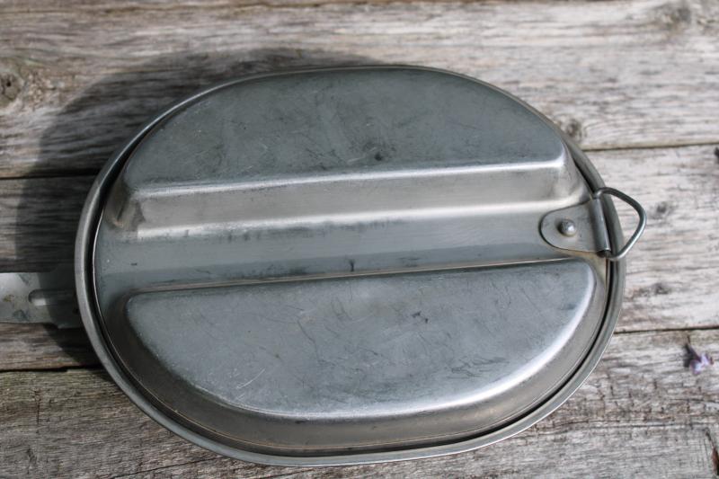 vintage mess kit, folding aluminum pan w/ utensils, camp cookware for backpacking