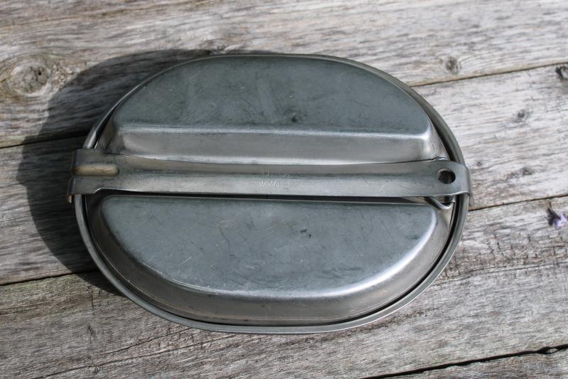vintage mess kit, folding aluminum pan w/ utensils, camp cookware for backpacking