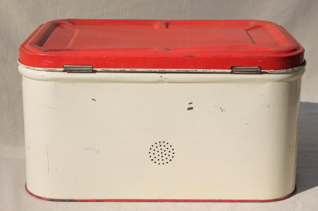 vintage metal bread box tin, red strawberries print, strawberry kitchen ware