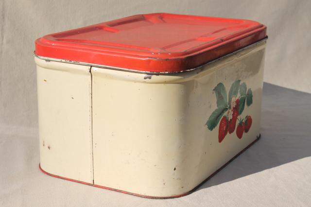 vintage metal bread box tin, red strawberries print, strawberry kitchen ware