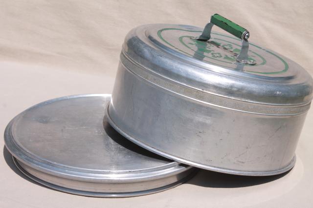 vintage metal cake / pie keeper saver, cake plate w/ dome cover, jadite green handle