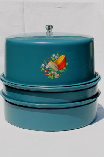 vintage metal cake saver plate & cover, stacking cake & pie keeper w/ cute decal
