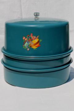 vintage metal cake saver plate & cover, stacking cake & pie keeper w/ cute decal