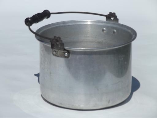 vintage metal camping kettle, large aluminum pot w/ wooden bucket handle 