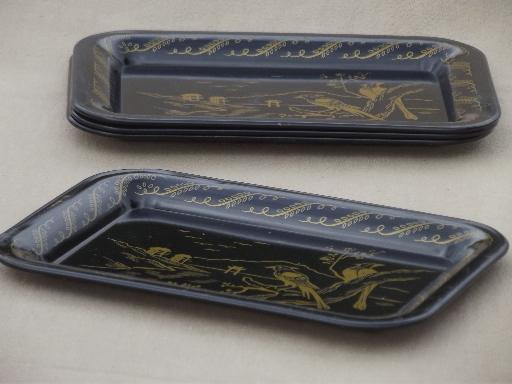 vintage metal coasters & cocktail trays set, chinoiserie  black w/ gold tole