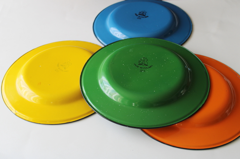 vintage metal enamelware camp plates set, red, blue, green, orange enamel