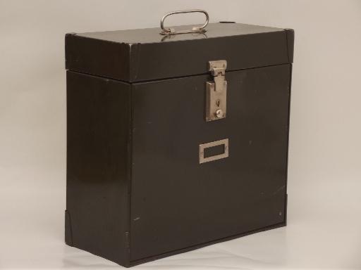vintage metal file box, mid-century machine age locking office file / cash box