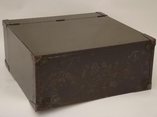 vintage metal file box, mid-century machine age locking office file / cash box