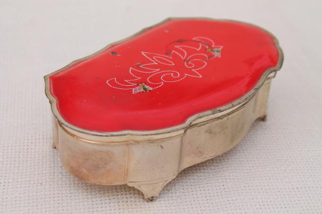 vintage metal jewelry casket / trinket box with enameled design, honeybees on red