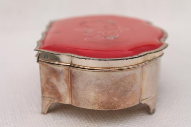 vintage metal jewelry casket / trinket box with enameled design, honeybees on red