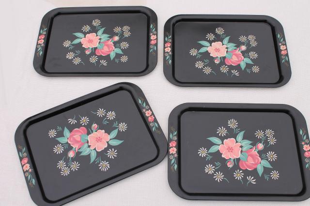 vintage metal lap trays, flowers on black print toleware tin tray set of four