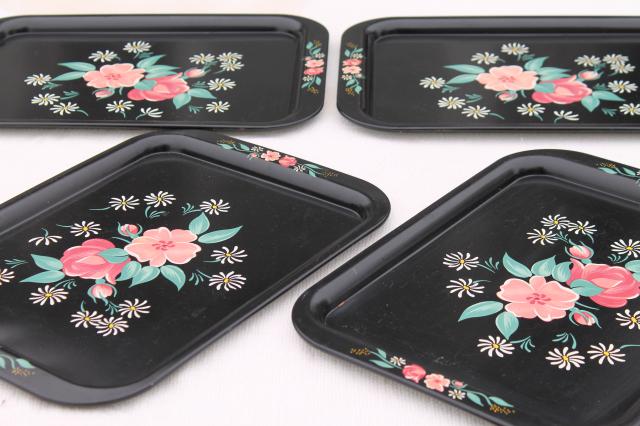 vintage metal lap trays, flowers on black print toleware tin tray set of four