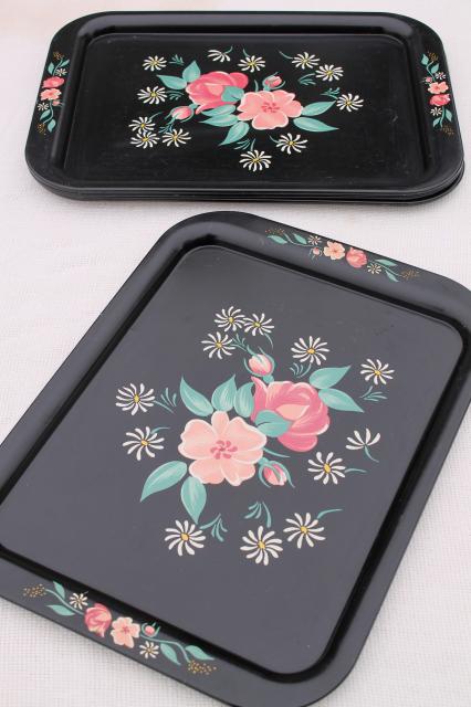 vintage metal lap trays, flowers on black print toleware tin tray set of four