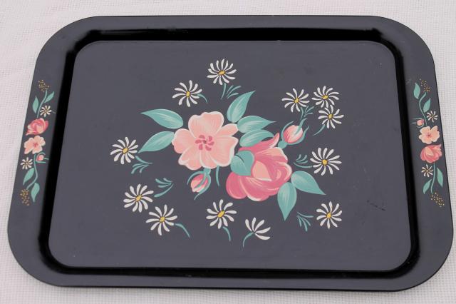 vintage metal lap trays, flowers on black print toleware tin tray set of four