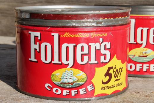 vintage metal lid coffee can lot, old litho print Folger's coffee ...