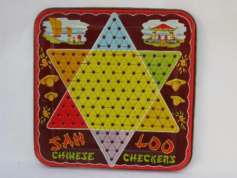 vintage metal litho San Loo Chinese Checkers game board, St. Louis