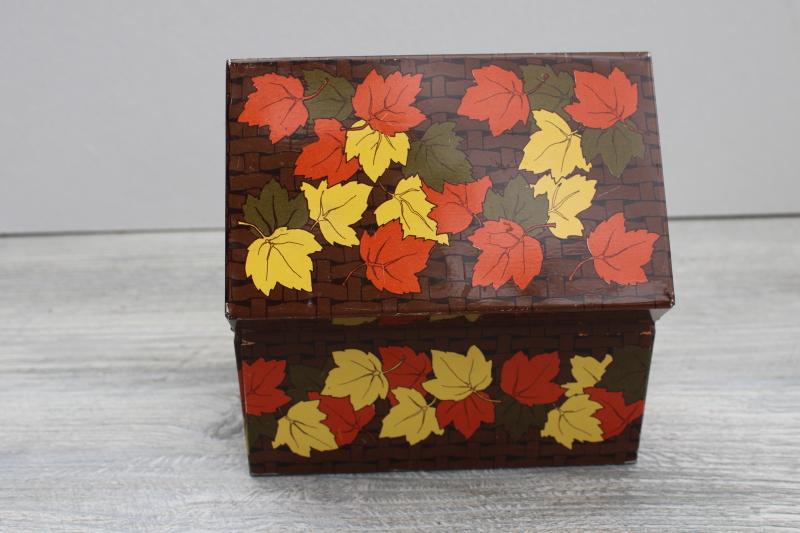 vintage metal recipe card box for fall harvest season, autumn leaf colored leaves print