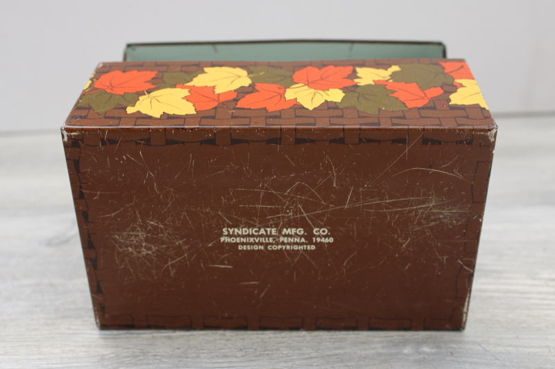 vintage metal recipe card box for fall harvest season, autumn leaf colored leaves print