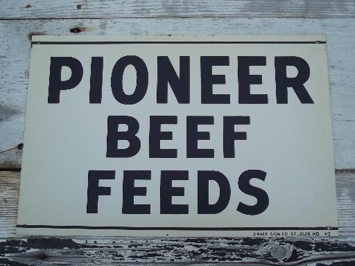vintage metal sign Pioneer Beef Feed, old  farm feed mill advertising 