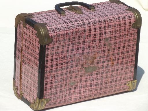 vintage metal suitcases, pink plaid tin litho doll trunk child's toy luggage