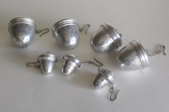 vintage metal tea balls, loose tea strainer brewing baskets in mug cup & pot sizes