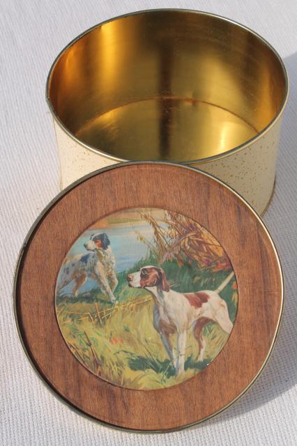 vintage metal tin w/ hunting bird dog pointer hounds, hunting scene illustration