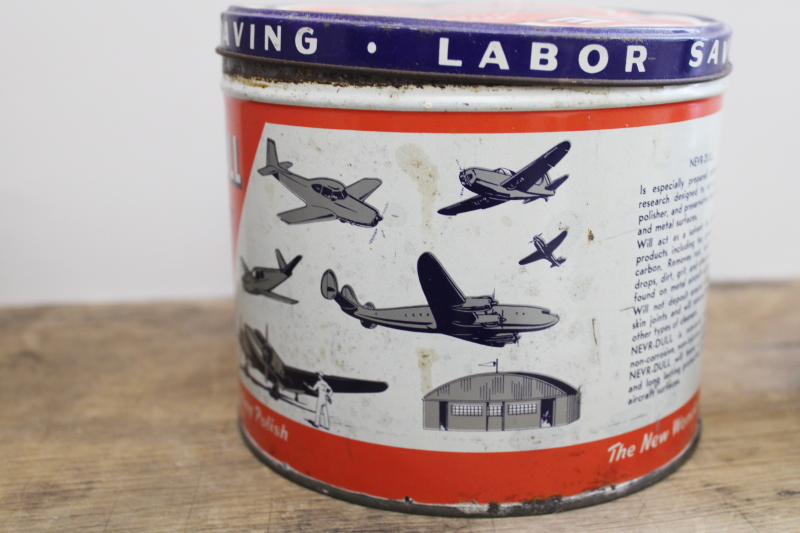 vintage metal tins red white blue patriotic Never Dull polish WWII military aircraft