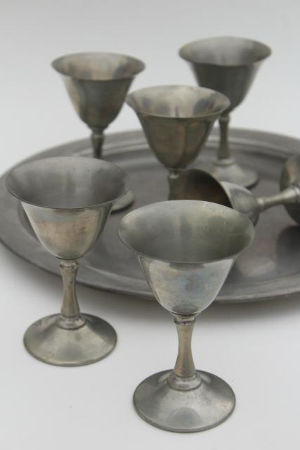 vintage metal tray & goblets, wine glasses set, old Rockford Silver pewter