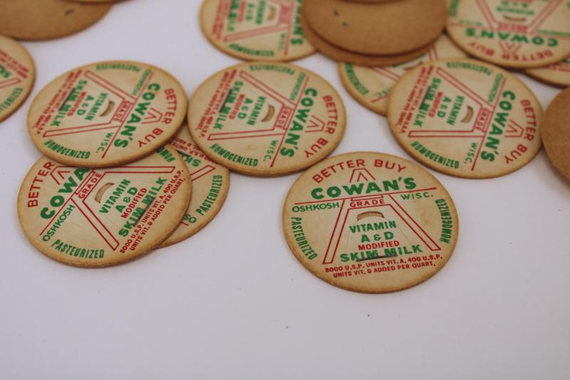 vintage milk bottle caps Cowan's Oshkosh Wisconsin dairy advertising