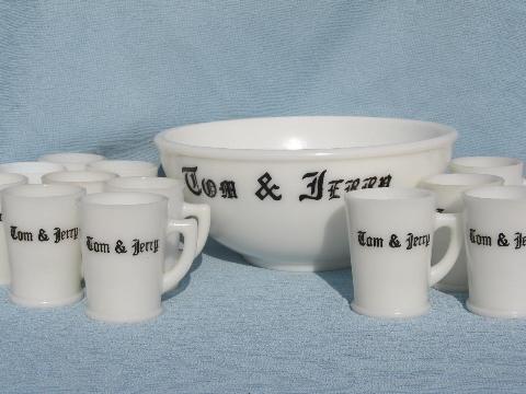 vintage milk glass Christmas Tom and Jerry bowl and cups, holiday punch set,
