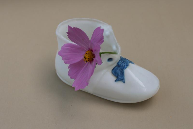 vintage milk glass, baby shoe planter - hand painted blue bow infant boot