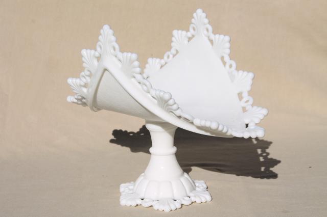 vintage milk glass banana stand fruit bowl pedestal, Westmoreland ring & petal