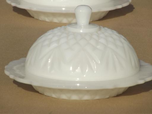 vintage milk glass butter dishes, round dome covered plates pineapple & fan