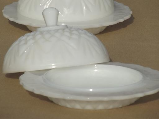 vintage milk glass butter dishes, round dome covered plates pineapple & fan