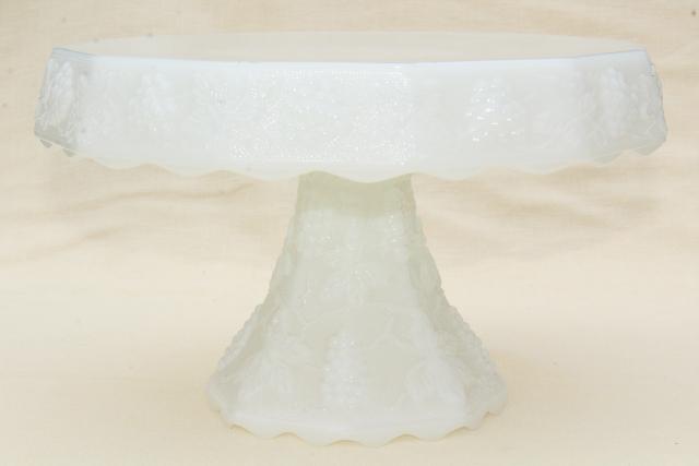 vintage milk glass cake stand w/ grapes, Anchor Hocking grape pattern 