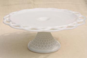 vintage milk glass cake stand, open lace edge pattern cake pedestal plate 