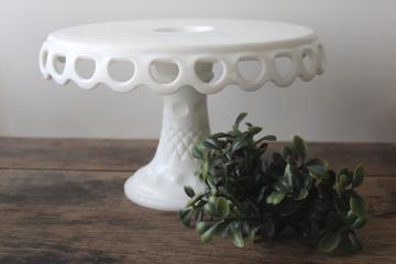 vintage milk glass cake stand w/ rum well, McKee Plymouth thumbprint lace edge dessert plate