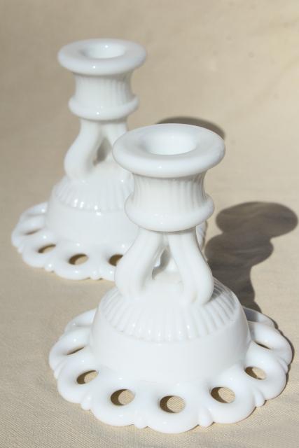 vintage milk glass candle holders, pair Westmoreland Doric open lace edge candlesticks