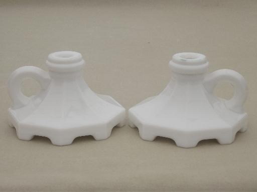 vintage milk glass candlestick lamps, finger ring candle stick lamp bases 