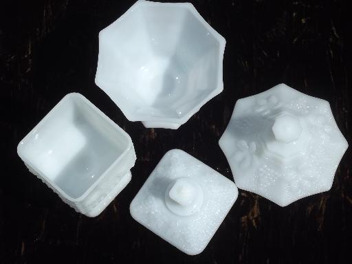 vintage milk glass candy dish boxes, Anchor Hocking beaded grape pattern