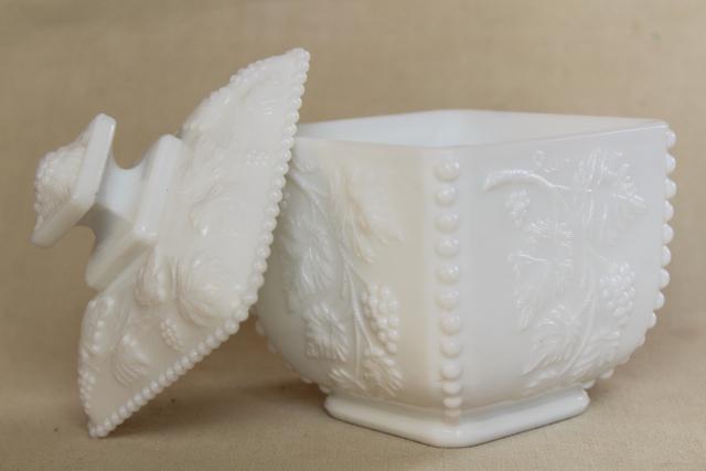 vintage milk glass candy dish, square box w/ lid, Westmoreland beaded grape
