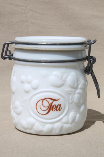 vintage milk glass canister set, Wheaton country orchard kitchen canister jars 
