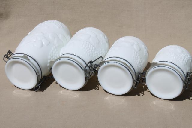 vintage milk glass canister set, Wheaton country orchard kitchen canister jars 