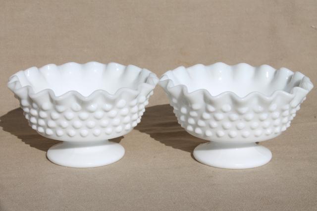 vintage milk glass collection Fenton hobnail pattern, lot of vases, candle holders, dishes 