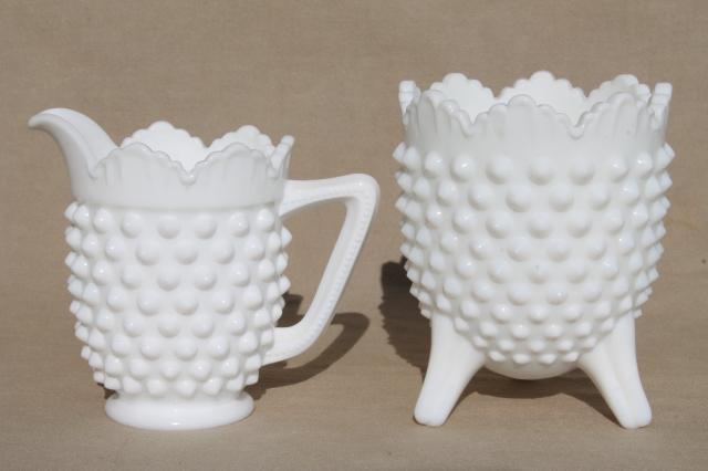 vintage milk glass collection Fenton hobnail pattern, lot of vases, candle holders, dishes 