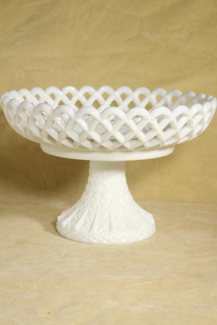 vintage milk glass compote bowl, lace edge daisy & button pattern pedestal dish
